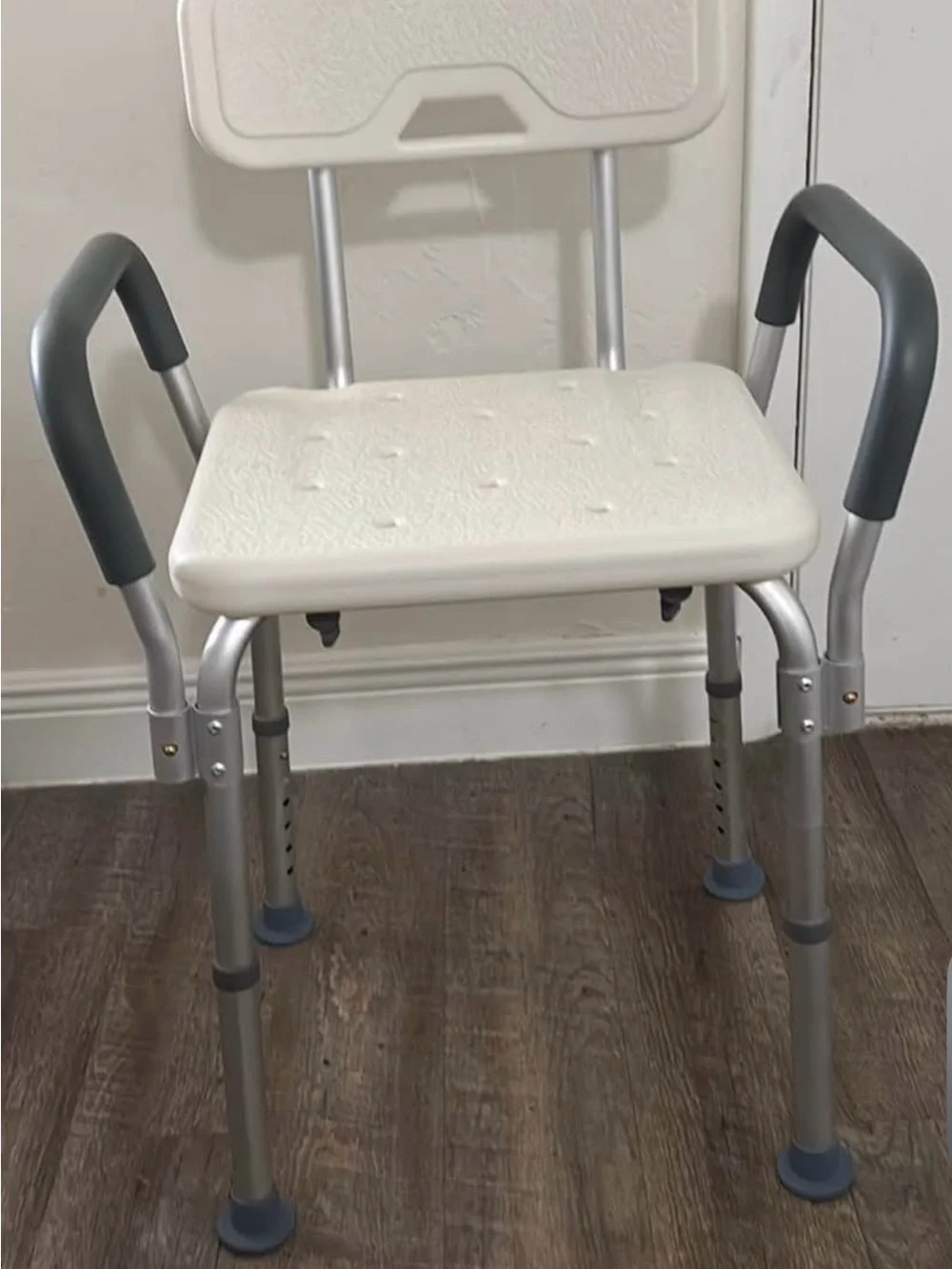 Adjustable White Bath Shower Chair with Gray Armrests